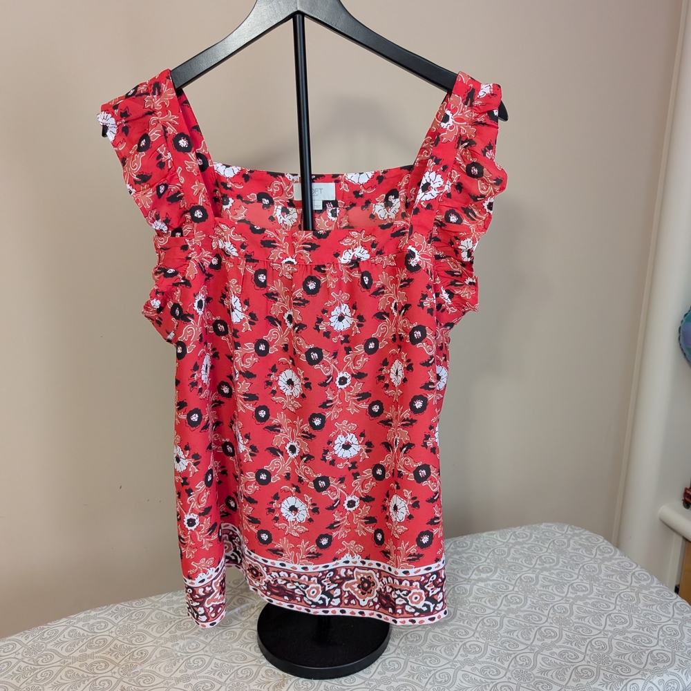 LOFT  Ruffled Orange/Red Floral Sleeveless Blouse Square Neck Line and Ruffles